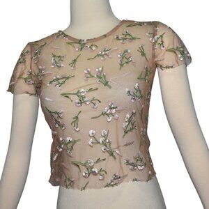 Pins & Needles Sheer Pink Floral Embroidered Crop Top